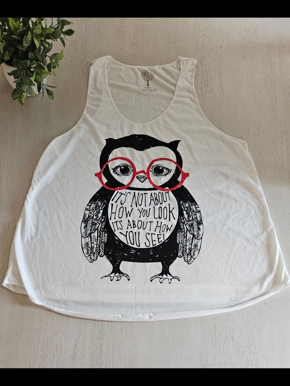 White Tank Top with Owl Graphic and Red Glasses